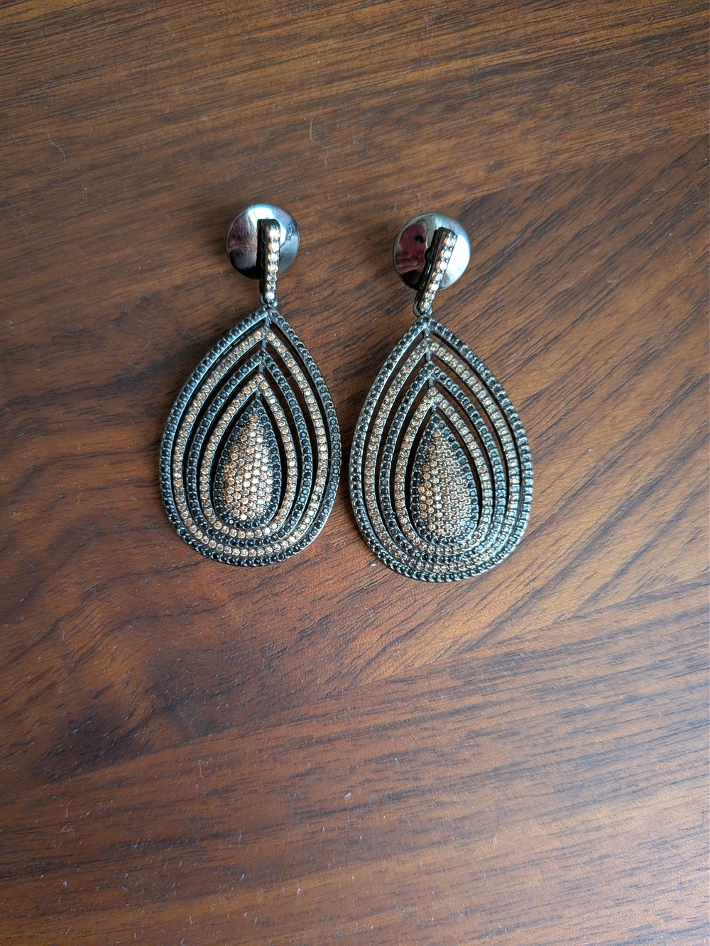 Teardrop Multi-Layer Rhinestone Drop Earrings - Black Rhodium Semi-Joias